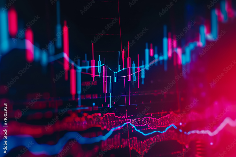 Poster candlestick stock chart with a red background and a blue line.