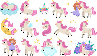 Vector unicorn set. Fantasy animal collection with yellow horn and pink mane. Fairytale horse character sitting, running, hugging with fairy, sleeping. Cartoon magic creature icons for kids.