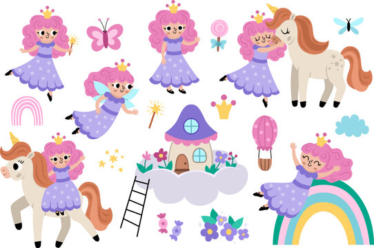 Vector fairy set. Fantasy sorceress with magic wand, pink hair, crown, house on cloud. Fairytale character collection. Cartoon magic princess flying, hugging unicorn, sliding rainbow.