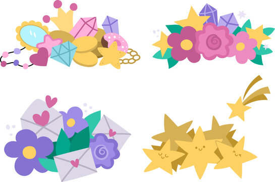 Vector unicorn treasures set. Cute compositions with letters, hearts, flowers, pile of fallen stars, diamonds and crown. Magic or fairytale icons collection.