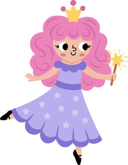 Vector fairy icon. Fantasy sorceress with magic wand, pink hair and crown. Fairytale character in purple robe with stars. Cartoon magic princess isolated on white background.