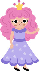 Vector fairy icon. Fantasy sorceress with pink hair and crown. Fairytale character in purple robe with stars. Cartoon magic princess isolated on white background.