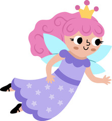 Vector fairy icon. Fantasy flying sorceress with pink hair and crown. Fairytale character in purple robe with stars. Cartoon magic princess with wings isolated on white background.