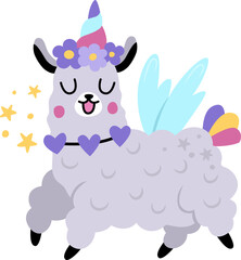 Vector happy llama unicorn. Fantasy animal with rainbow horn and tail, flowers on head, wings, stars. Fairytale character for kids. Cartoon magic creature icon isolated on white background.