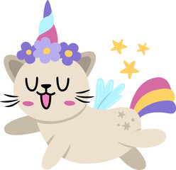 Vector happy cat unicorn. Fantasy animal with rainbow horn and tail, flowers on head, wings, stars. Fairytale character for kids. Cartoon magic creature icon isolated on white background.