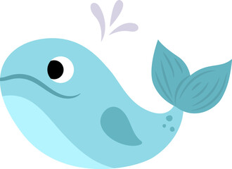 Vector whale illustration for children. Cute water animal character for kids. Cartoon fish icon isolated on white background.