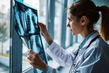 A female doctor in a white lab coat examining an x-ray image of a chest.