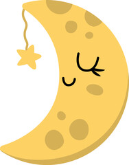 Vector smiling half-moon icon with closed eyes. Fairytale themed sleeping moon with star. Cute magic design element. Space icon.