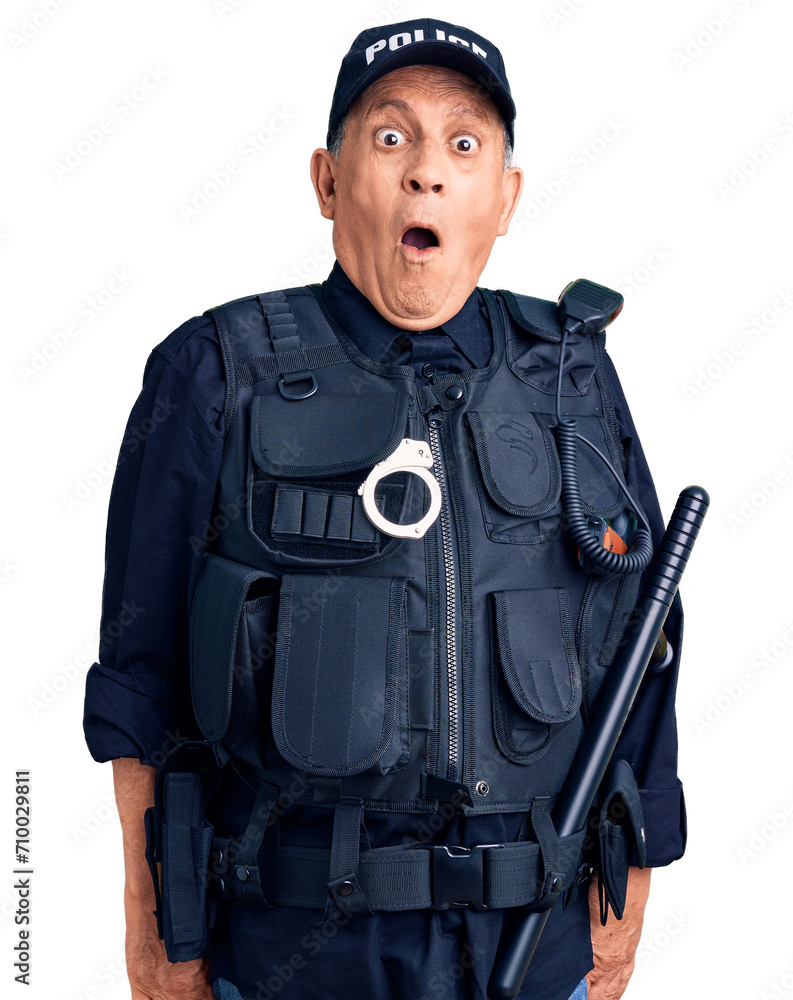 Poster Senior handsome man wearing police uniform scared and amazed with open mouth for surprise, disbelief face