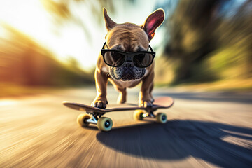 Generative AI illustration of funny dog with sunglasses riding a skateboard