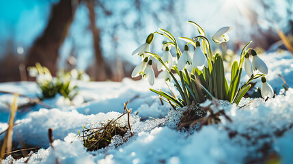 Natural spring background with delicate snowdrop flowers on snowy forest glade - obrazy, fototapety, plakaty