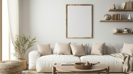 Fototapeta na wymiar Ethereal Elegance, A Luminous Haven of Tranquility With a Gleaming Ivory Sofa and an Exquisite Centerpiece