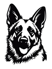A black and white image of a German Shepherd's head. The dog has a happy expression with a black nose and dark eyes. The ears are large and point upwards. - obrazy, fototapety, plakaty