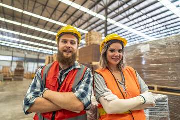 workers man and woman engineering walking and inspecting timbers wood in warehouse. Concept of...