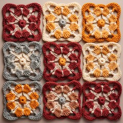 granny crochet squares with fall colors, light orange and maroon