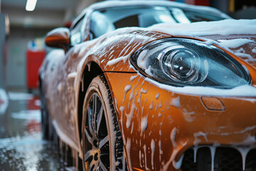 Professional Car Wash orange Sportscar with Shampoo close-up
