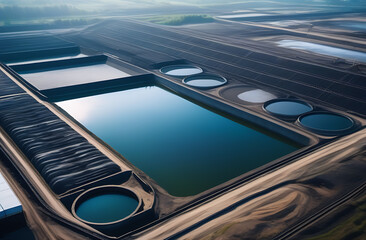 water tanks, industrial settling tanks for dirty water, treatment plants on sandy soil, drinking water processing plant.