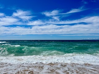 Waved ocean, blue ocean horizon, seascape horizon background, natural ocean view