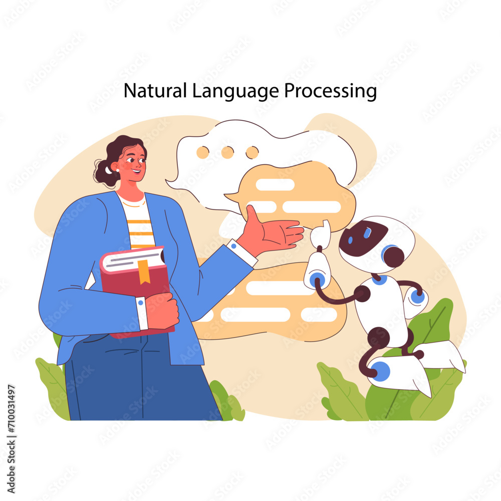 Poster natural language processing concept. human and robot engage in advanced dialogue illustrating ai com