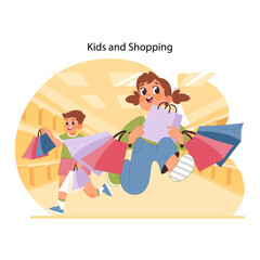 Joyful shopping spree concept. Brother and little sister gleefully carrying bags, walking out of shop, thrill of new purchases, sharing happy retail moment. Flat vector illustration