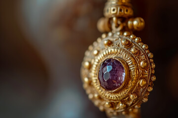 Fototapeta premium close-up of a gold earring, with a gemstone in the center