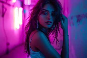Beautiful young Indian girl looking at camera against neon lights background