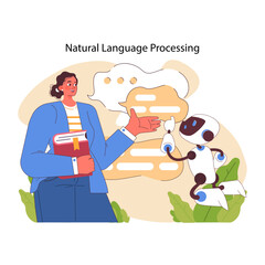Natural language processing concept. Human and robot engage in advanced dialogue illustrating AI communication capabilities. Modern technologies and artificial intelligence. Flat vector illustration.