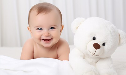 newborn baby in white blanket with stuffed teddy bear and white towel, playful humor