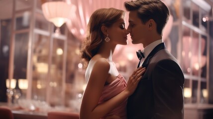 Luxury couple in love against the backdrop of a blurred expensive restaurant