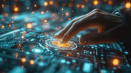 Showcase a businessman hand interacting with a holographic interface filled with digital business elements. Generative AI.