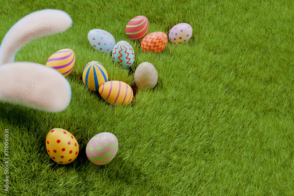 Poster a rabbit hunts for easter eggs in a meadow in the grass. top view 3d rendering
