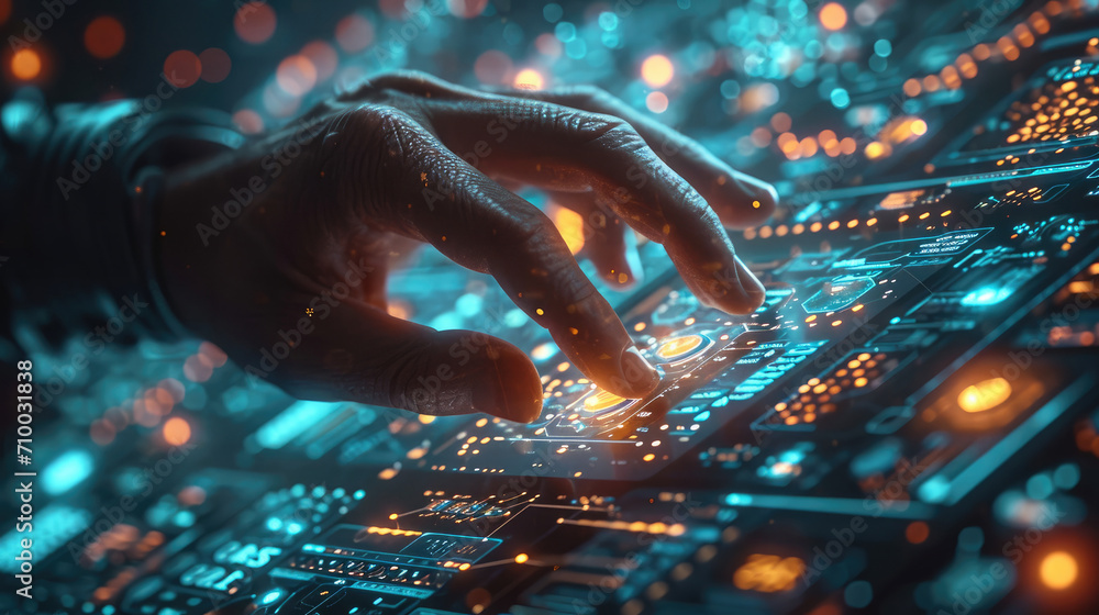 Poster showcase a businessman's hand interacting with a holographic interface filled with digital business 