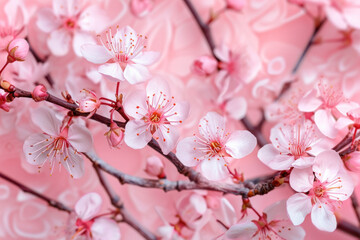 Whispers of spring; cherry blossoms unfurl against a blush backdrop, a delicate dance of pink petals heralding the season's soft serenade