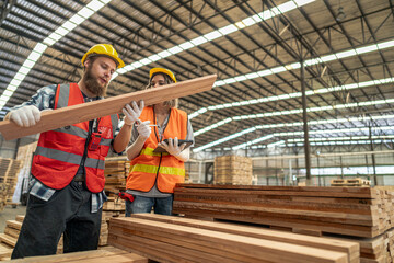 workers man and woman engineering walking and inspecting timbers wood in warehouse. Concept of smart industry worker operating. Wood factories produce wood palate.
