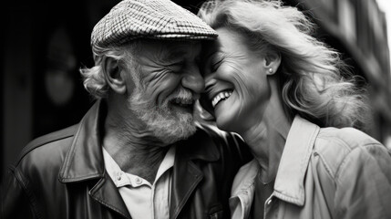Fototapeta premium Joy transcends age; a heartwarming monochrome portrait of laughter shared between the young at heart, timeless in their happiness