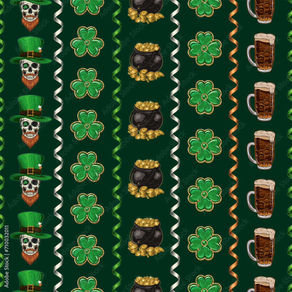 Poster st patricks day seamless pattern with holiday objects and symbols, spiral party streamer. geometric 
