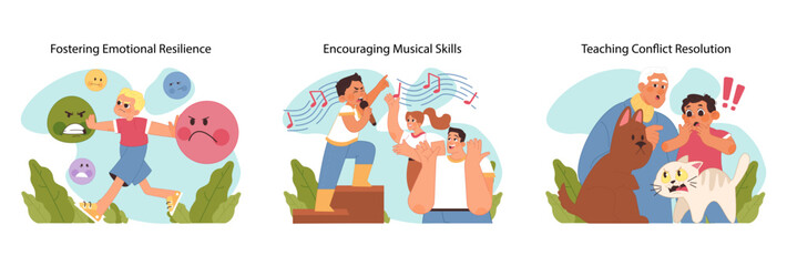 Child development concept set. Boy managing emotions, child singing with passion, and family resolving pet dispute, teaching key life skills. Nurturing talents and emotional regulation. Flat vector