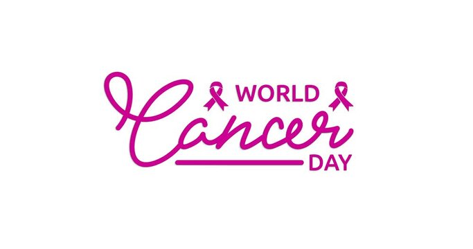 World Cancer Day text animation with ribbon. Handwriting calligraphy animated with alpha channel. Symbolizes care and support for childhood cancer sufferers. Transparent background