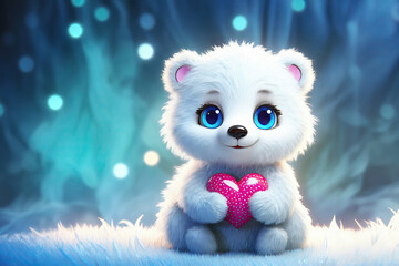 3D rendered adorable white fluffy teddy bear with blue eyes holding a heart of love.