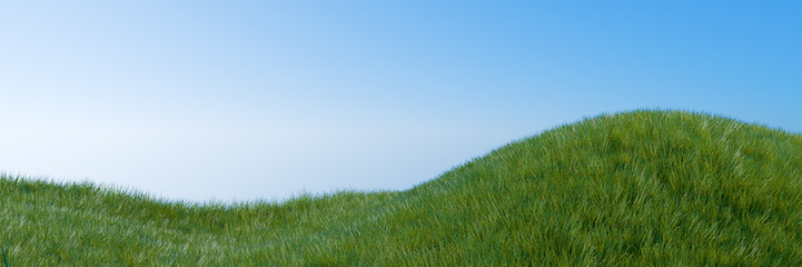 Green fresh grass on a hilly meadow. Banner 3d rendering - obrazy, fototapety, plakaty