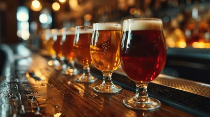 Foto op Canvas Several glasses of beer lined up at a bar. Generative AI. © visoot