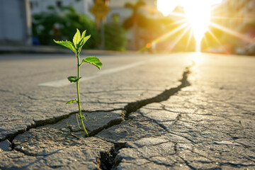 Urban resilience; a single plant triumphs through cracked asphalt, a symbol of nature's tenacity under the city's golden sunrise - obrazy, fototapety, plakaty