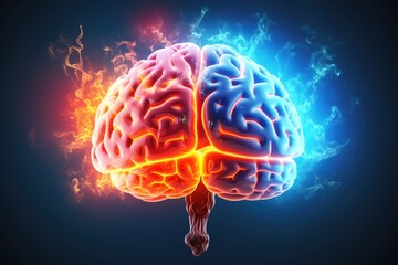 Fototapeta premium human brain light axon with fire, long-term memory, storage of information, short-term memory, mind processing informations and stimuli, brain's neurons fire, deep learning and remembering process