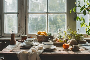 Craft an aesthetic breakfast warm neutrals images of rustic wooden tables and soft, light, windows. Emphasize, woven placemats and linen napkins, tactile, ambiance, vibrant fruits,