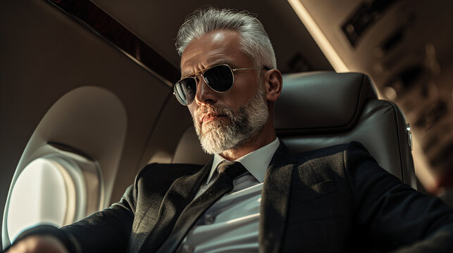 Old male businessman with glasses in a private plane