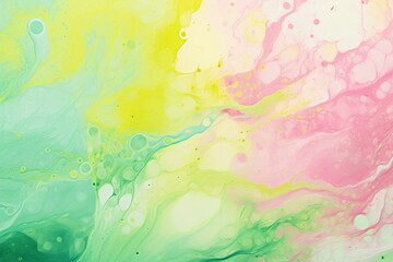 Fototapeta na wymiar Yellow, pink ang green abstract fluid soap background, wallpaper, banner, copy space