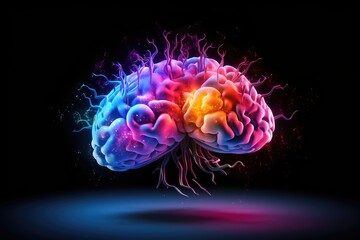 Illustration in neurology studies brain function and cognitive abilities. Colorful cognitive neuroscience neural pathways. Vivid Motley Colored brain human mind anatomy enhances cognition research.
