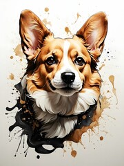 one corgi dog in calligraphy style, splash effects, ink blobs, mostly black and white with some brown, top down view. generative AI