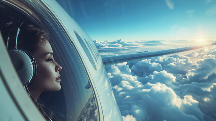 Woman enjoying a serene view of the sky and clouds from an airplane window.