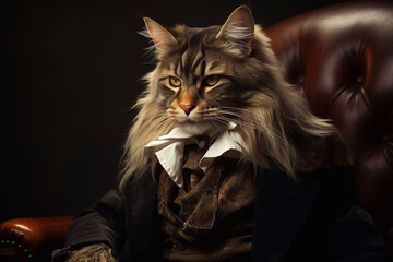 portrait of noble Maine coon cat dressed in Victorian era clothes, vintage fashion portrait of anthropomorphic animal